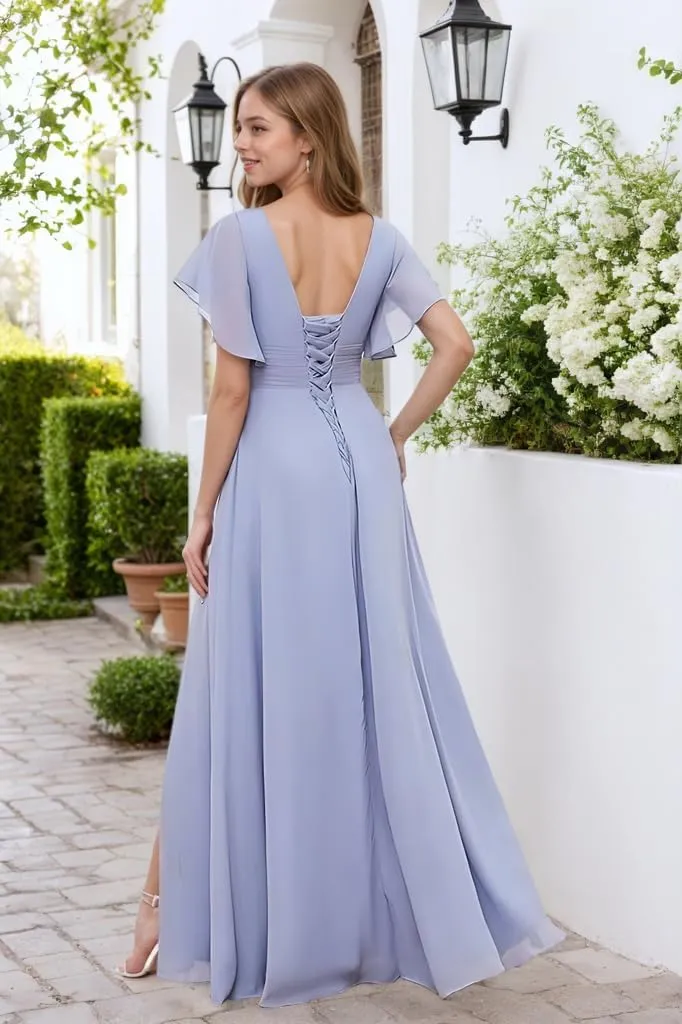 V Neck Long Bridesmaid Dresses for Wedding Ruffled Chiffon Evening Formal Gown with Slit