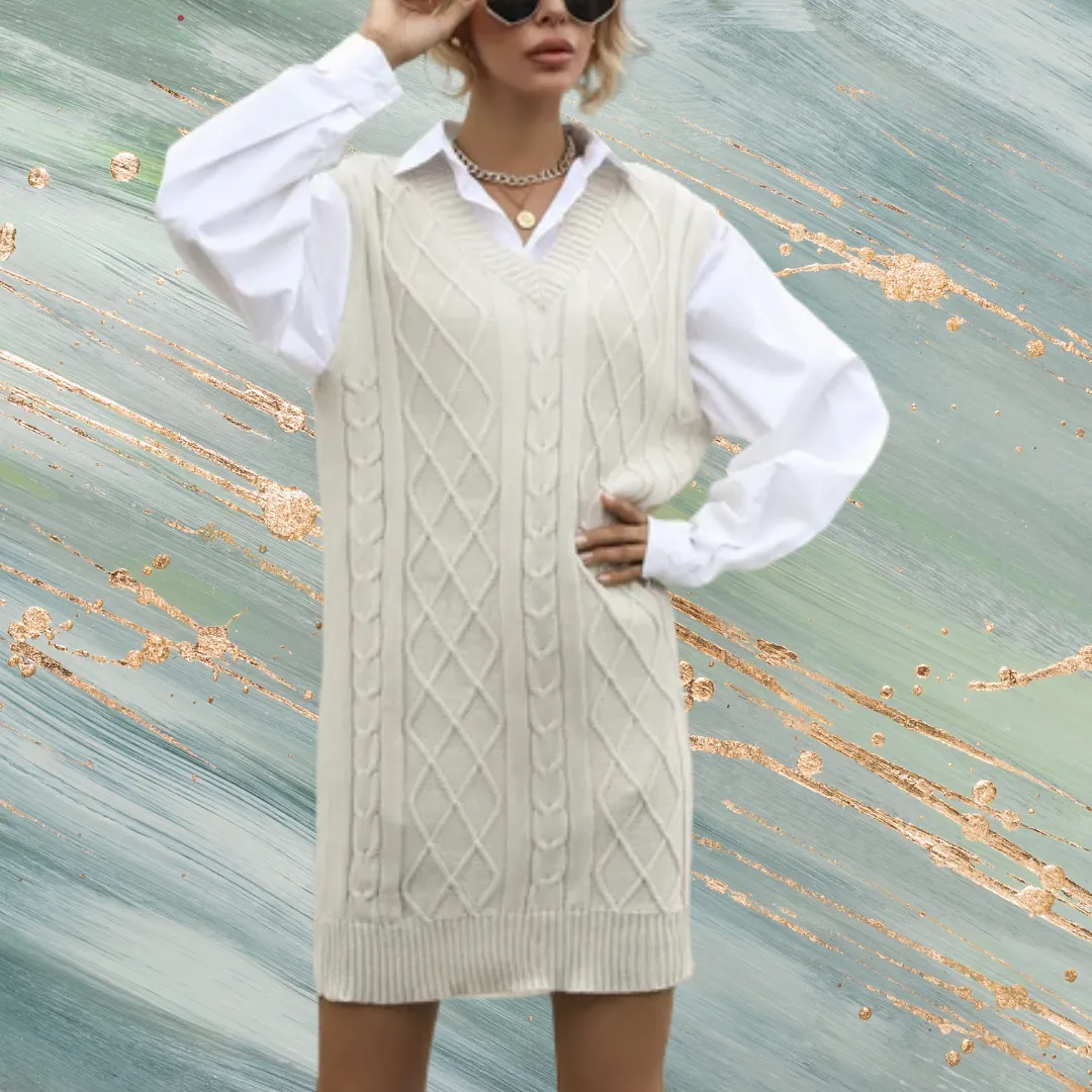 V-neck Vest Type Knitted Sweater Dress