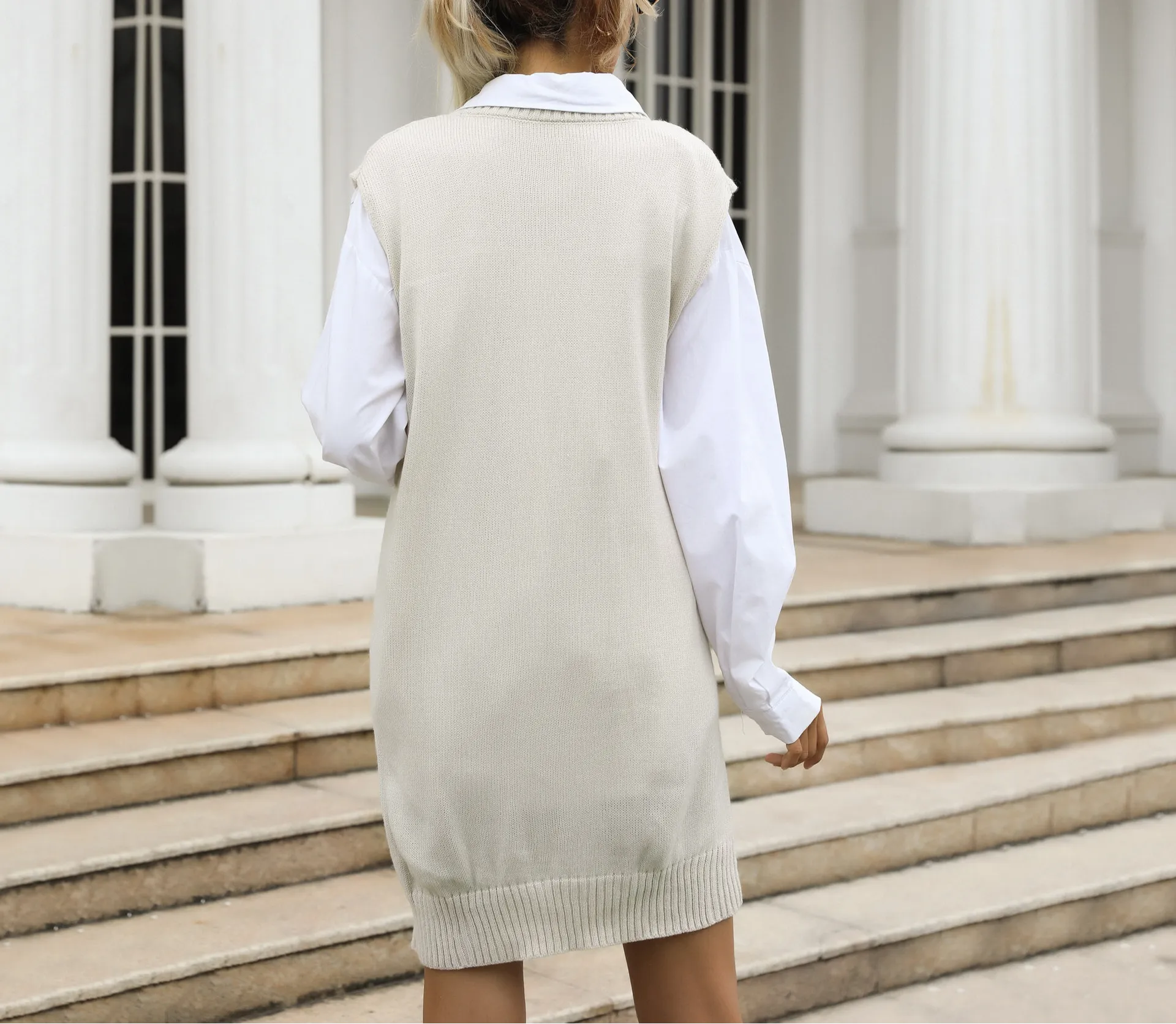 V-neck Vest Type Knitted Sweater Dress