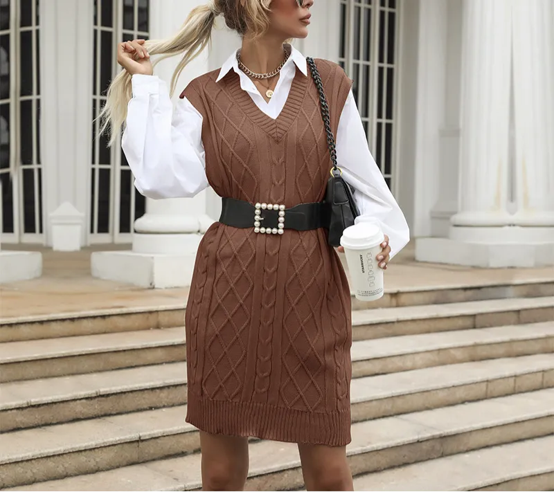 V-neck Vest Type Knitted Sweater Dress