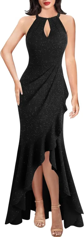 VFSHOW Womens Sexy Halter Neck Formal Cutout Ruffle Slit Ruched Prom Maxi Dress Wedding Guest HI-LO Mermaid Evening Gown