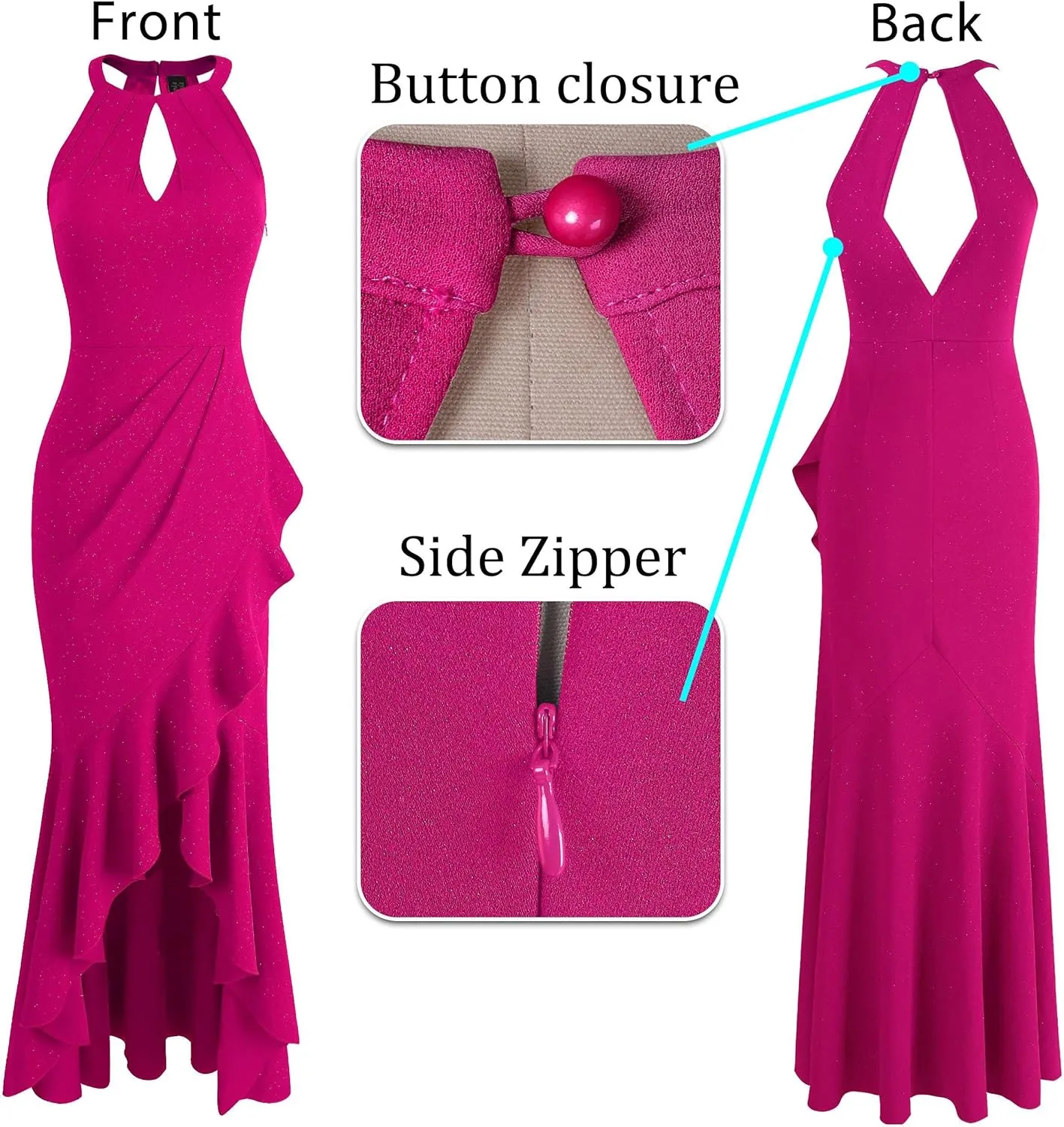 VFSHOW Womens Sexy Halter Neck Formal Cutout Ruffle Slit Ruched Prom Maxi Dress Wedding Guest HI-LO Mermaid Evening Gown