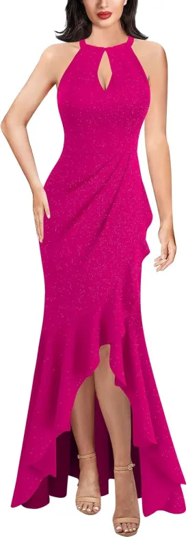 VFSHOW Womens Sexy Halter Neck Formal Cutout Ruffle Slit Ruched Prom Maxi Dress Wedding Guest HI-LO Mermaid Evening Gown
