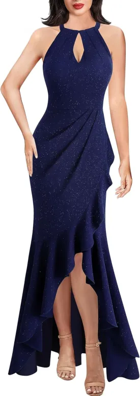 VFSHOW Womens Sexy Halter Neck Formal Cutout Ruffle Slit Ruched Prom Maxi Dress Wedding Guest HI-LO Mermaid Evening Gown