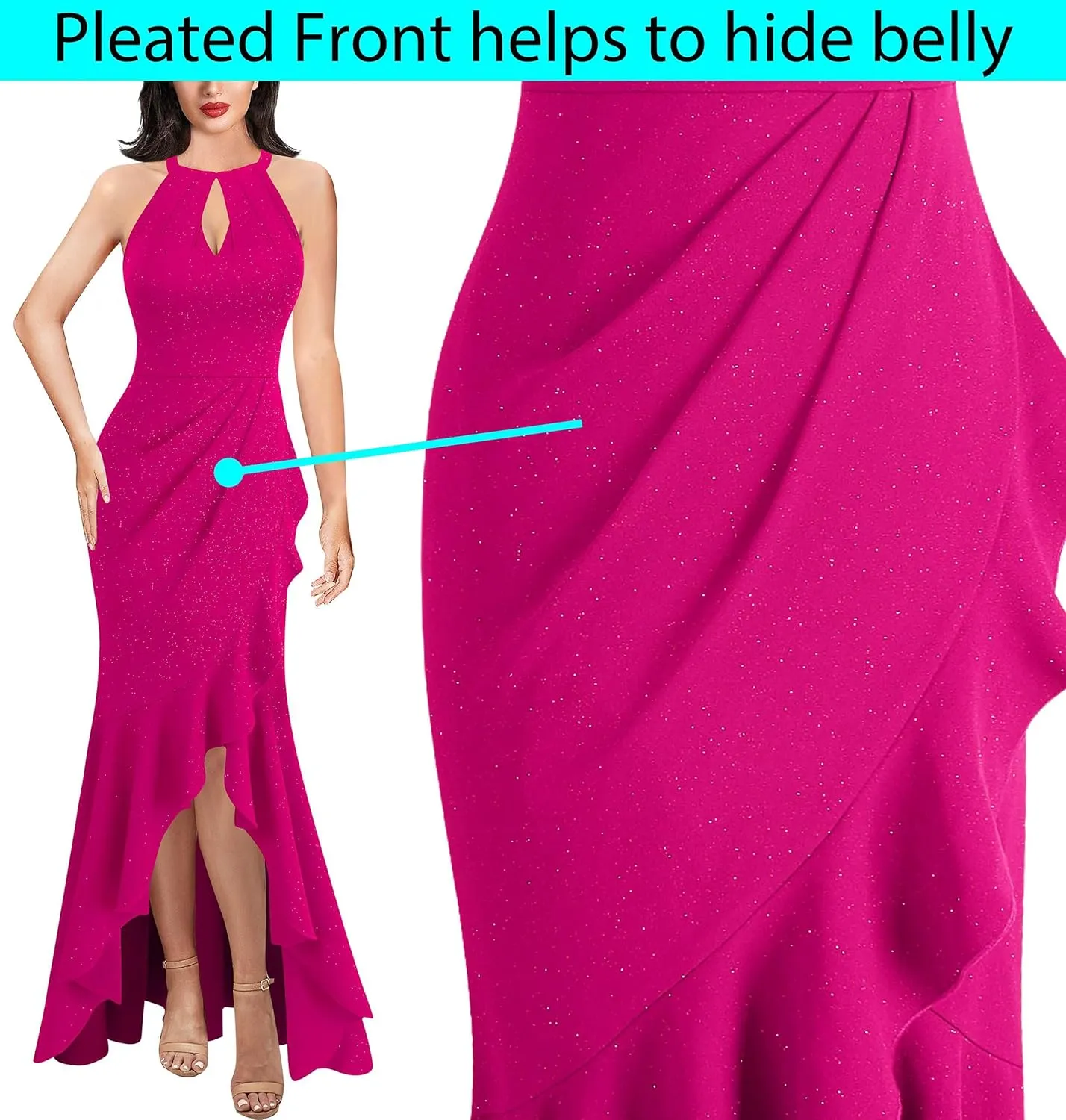 VFSHOW Womens Sexy Halter Neck Formal Cutout Ruffle Slit Ruched Prom Maxi Dress Wedding Guest HI-LO Mermaid Evening Gown