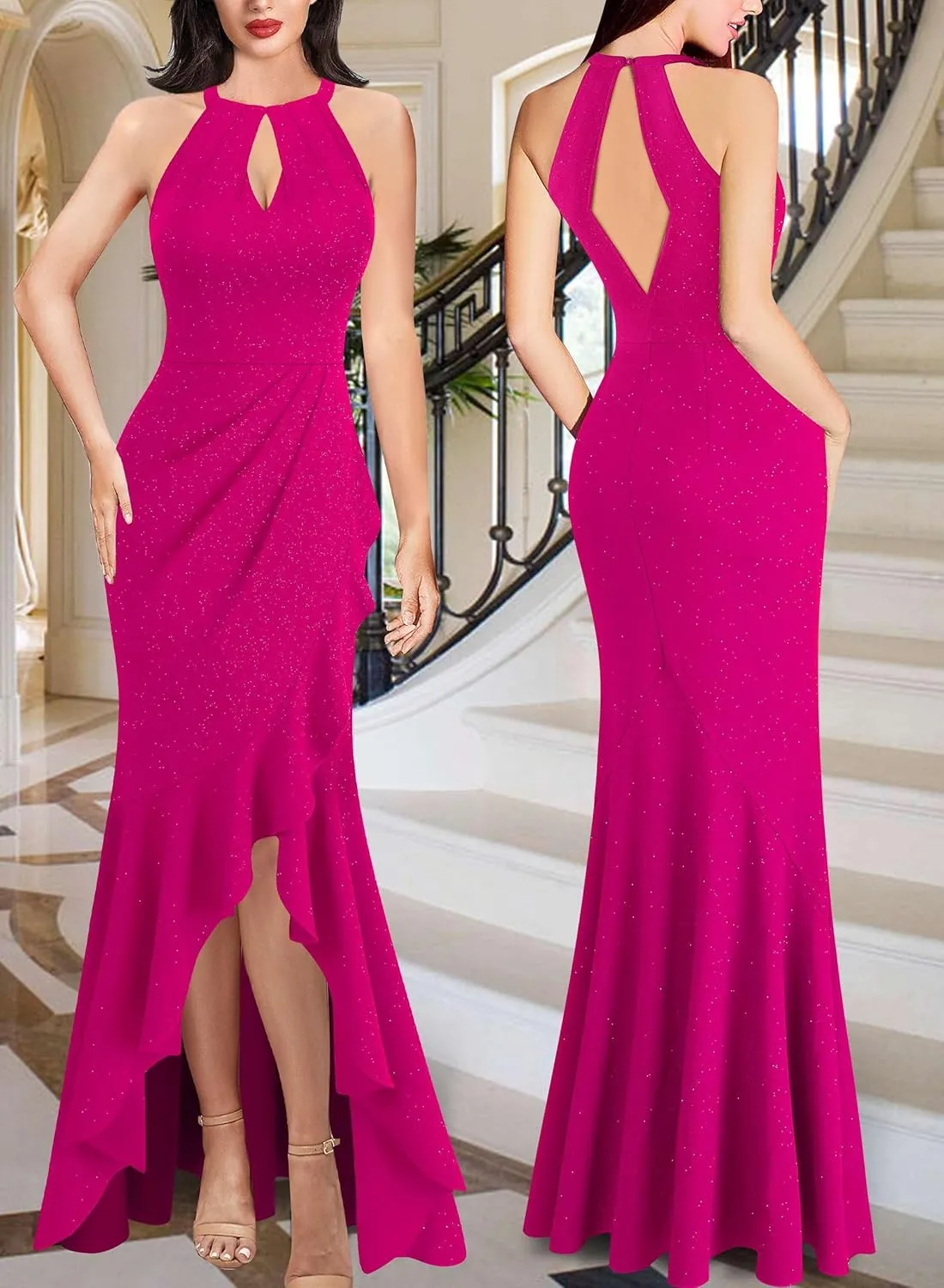 VFSHOW Womens Sexy Halter Neck Formal Cutout Ruffle Slit Ruched Prom Maxi Dress Wedding Guest HI-LO Mermaid Evening Gown