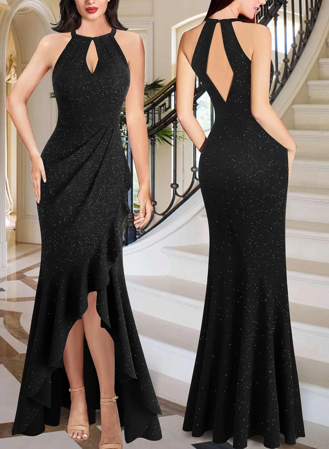 VFSHOW Womens Sexy Halter Neck Formal Cutout Ruffle Slit Ruched Prom Maxi Dress Wedding Guest HI-LO Mermaid Evening Gown