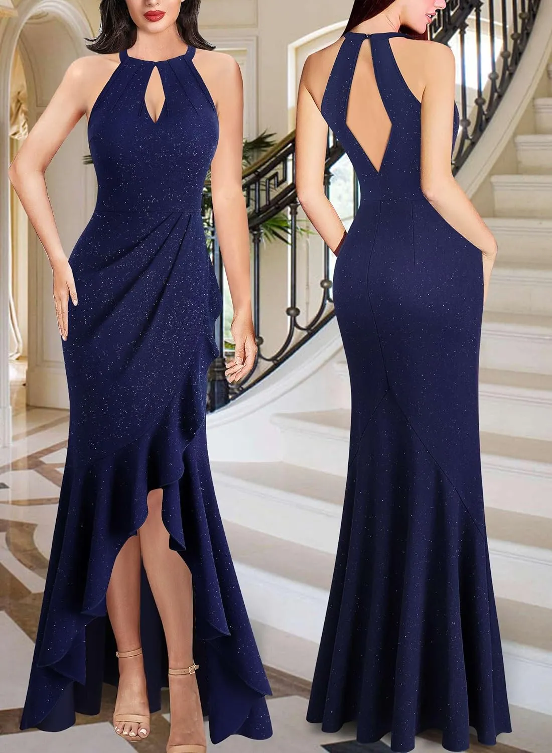 VFSHOW Womens Sexy Halter Neck Formal Cutout Ruffle Slit Ruched Prom Maxi Dress Wedding Guest HI-LO Mermaid Evening Gown