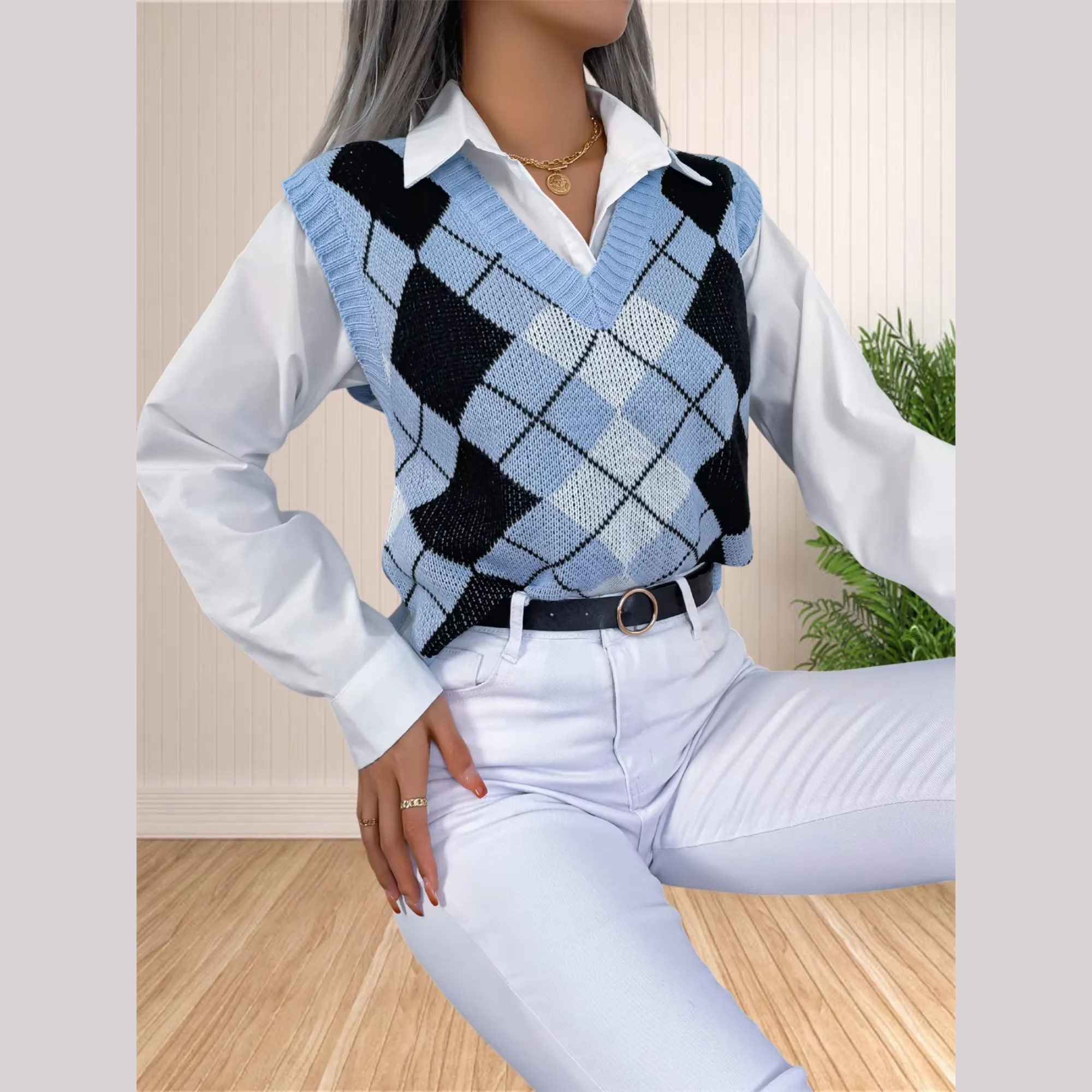 Victory - Blue Argyle Knitted Sweater Vest