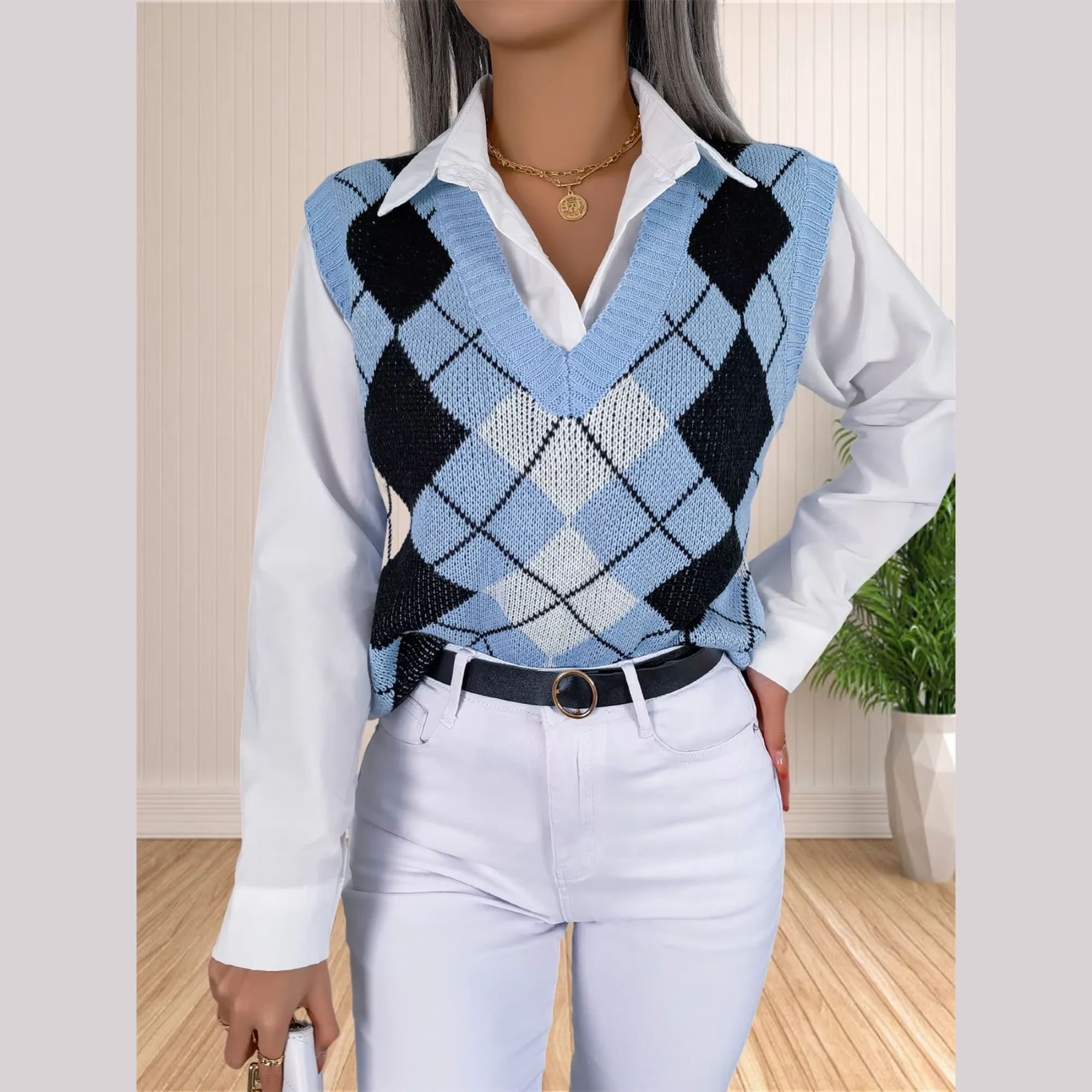 Victory - Blue Argyle Knitted Sweater Vest
