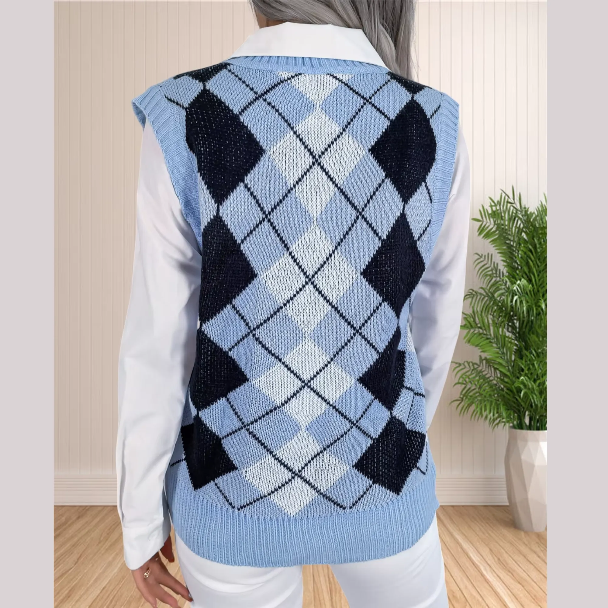 Victory - Blue Argyle Knitted Sweater Vest