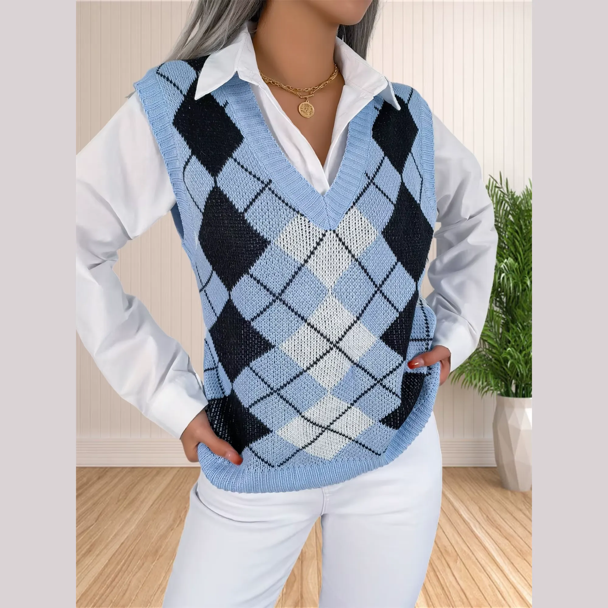 Victory - Blue Argyle Knitted Sweater Vest