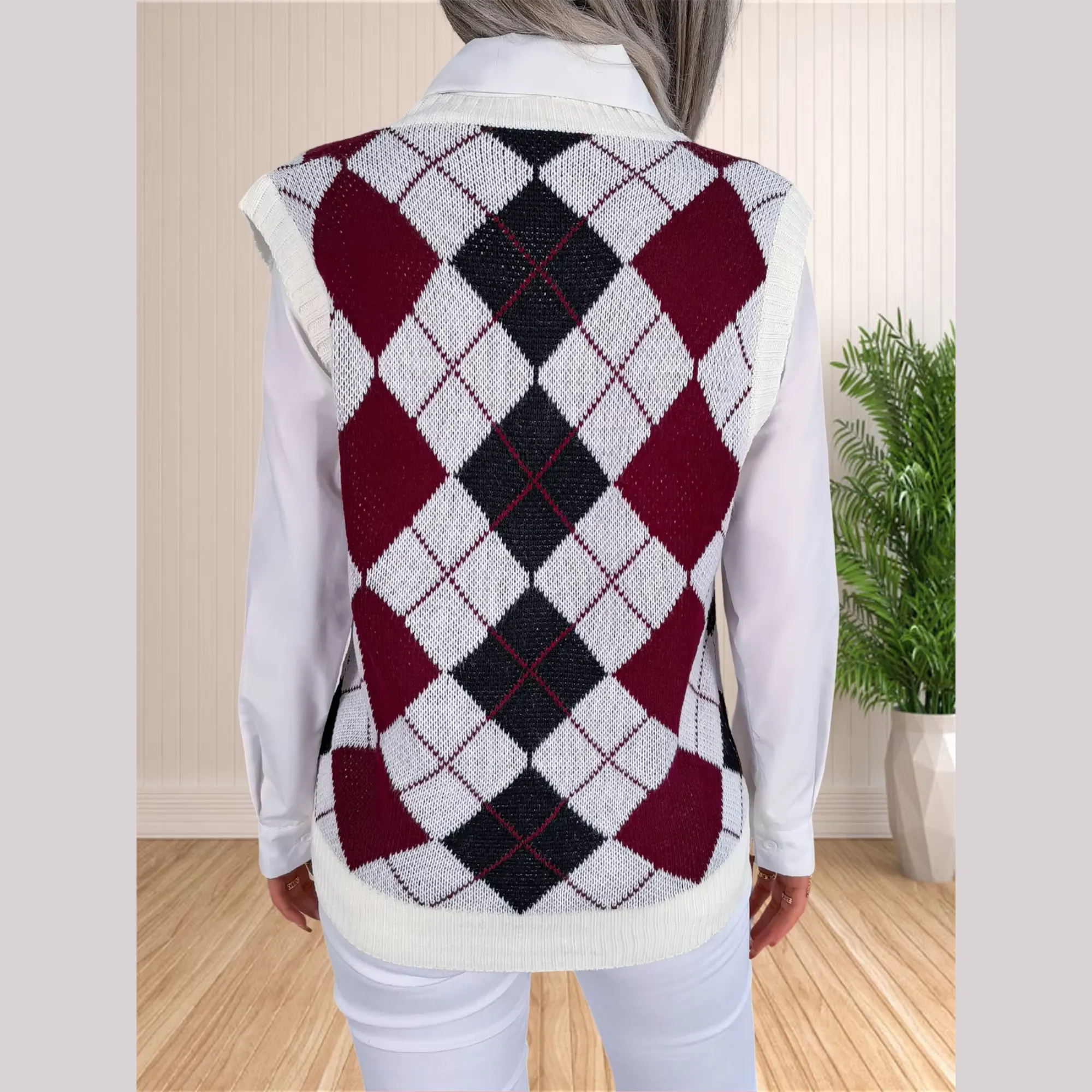 Victory - Burgundy Argyle Knitted Sweater Vest