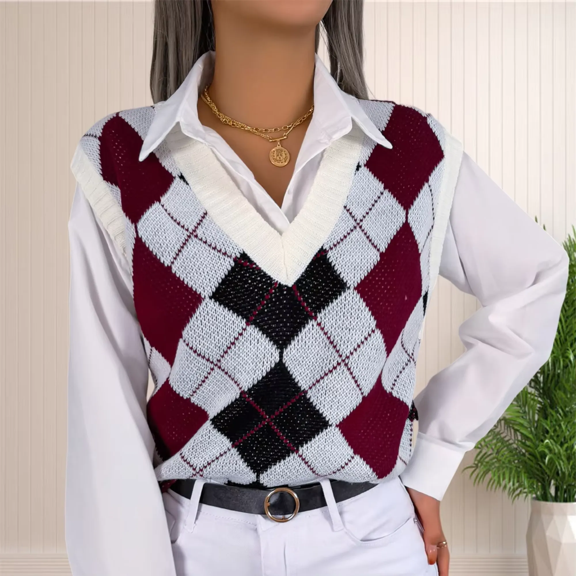 Victory - Burgundy Argyle Knitted Sweater Vest