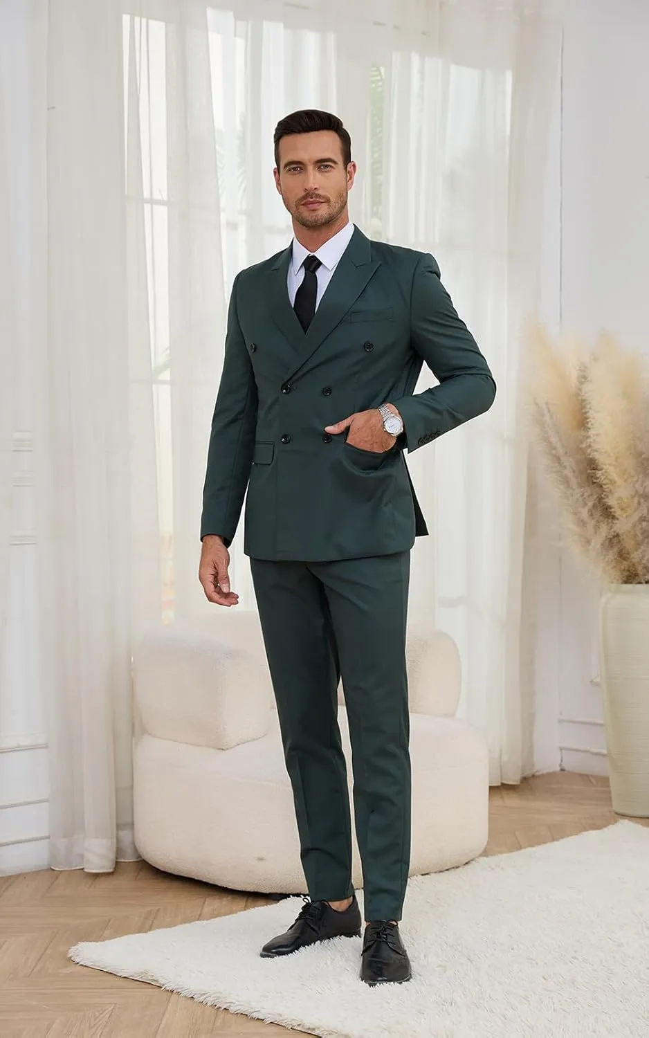 Wangyue Mens Double Breasted Suit 2 Piece Slim Fit Suits Double Breasted Blazer Men Wedding Prom Suit Jacket Pants Set
