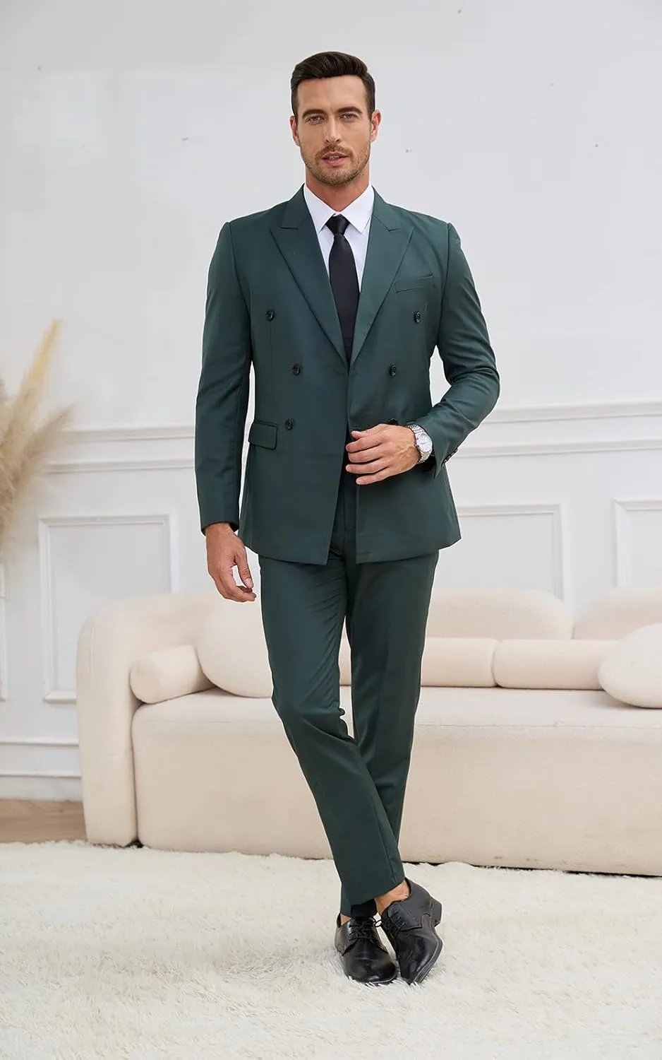 Wangyue Mens Double Breasted Suit 2 Piece Slim Fit Suits Double Breasted Blazer Men Wedding Prom Suit Jacket Pants Set