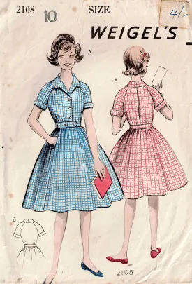 Weigels 2108 Girls Full Skirt Raglan Sleeved Shirtwaist Dress 1950s Vintage Sewing Pattern Size 10