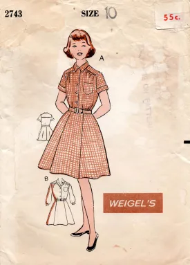 Weigels 2743 Girls Shirtdress with Concealed Pocket 1960s Vintage Sewing Pattern Size 10