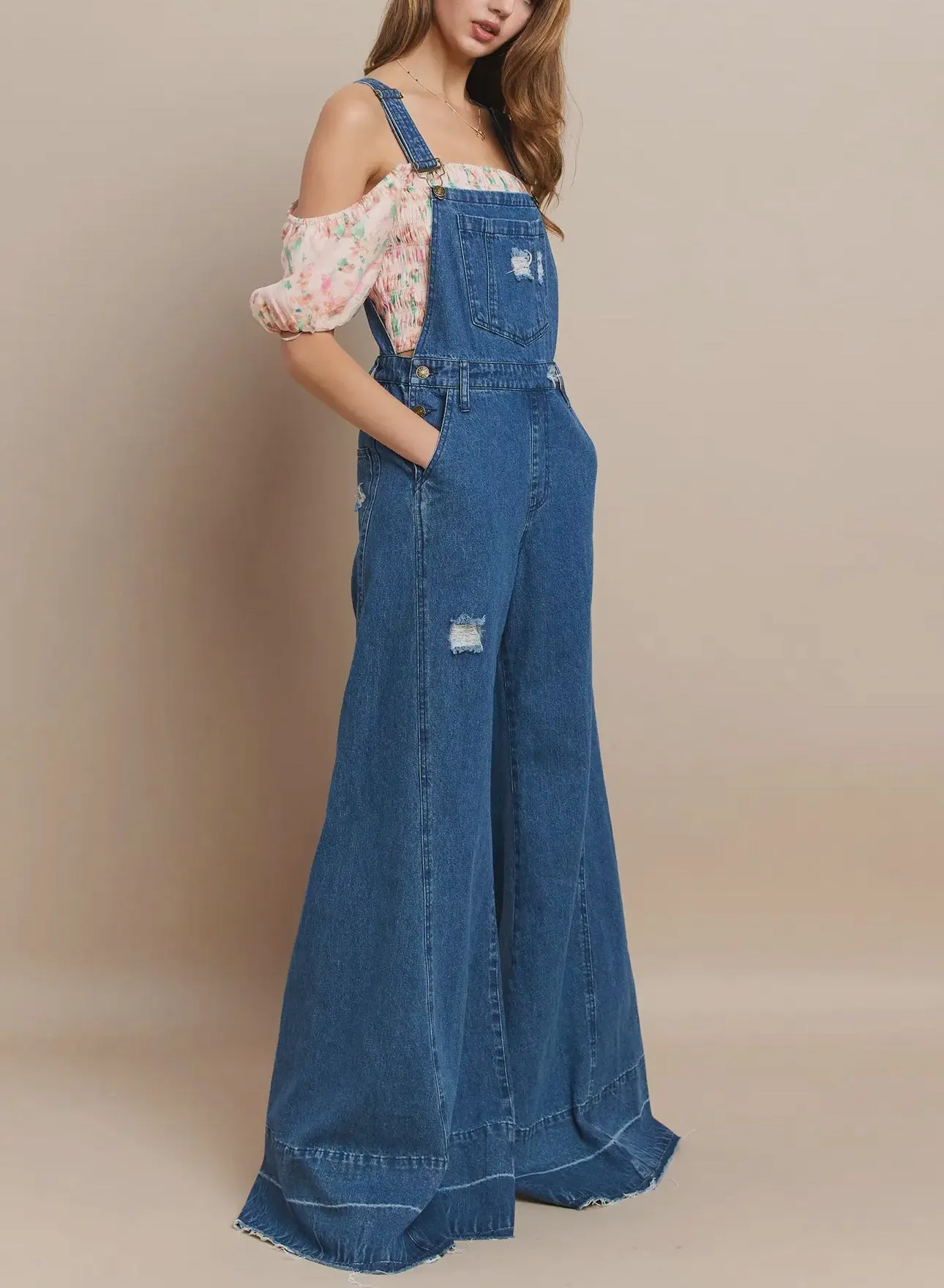 Wide Leg  Distressed  Denim Overalls