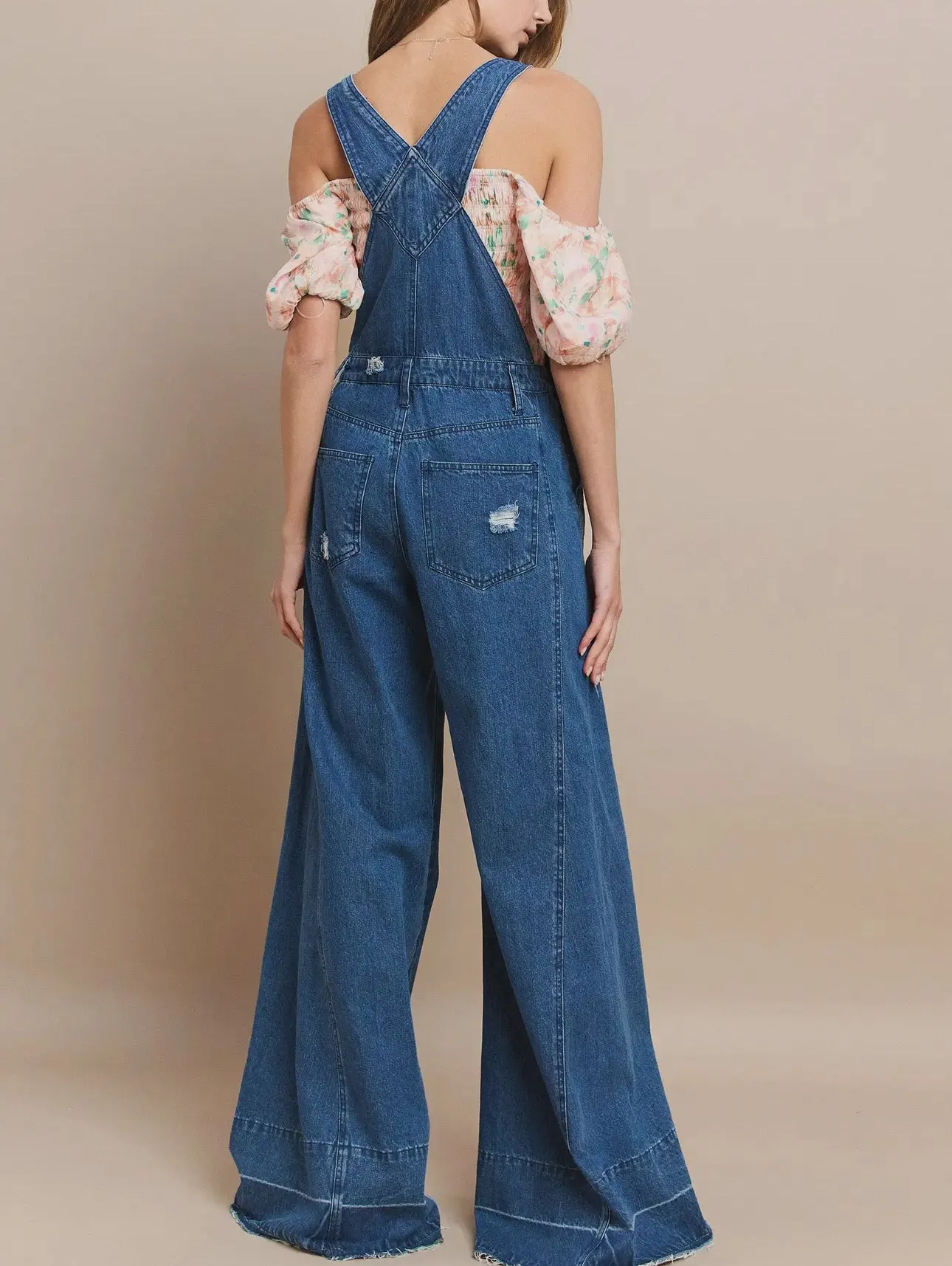 Wide Leg  Distressed  Denim Overalls