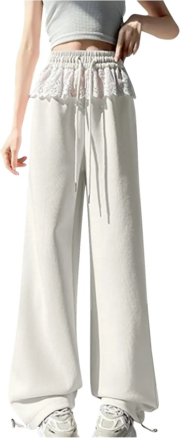Wide Leg Sweatpants Womens Dressy Lace Patchwork Elastic Waisted Drawstring Hiking Pants Loose Lounge Athletic Pant