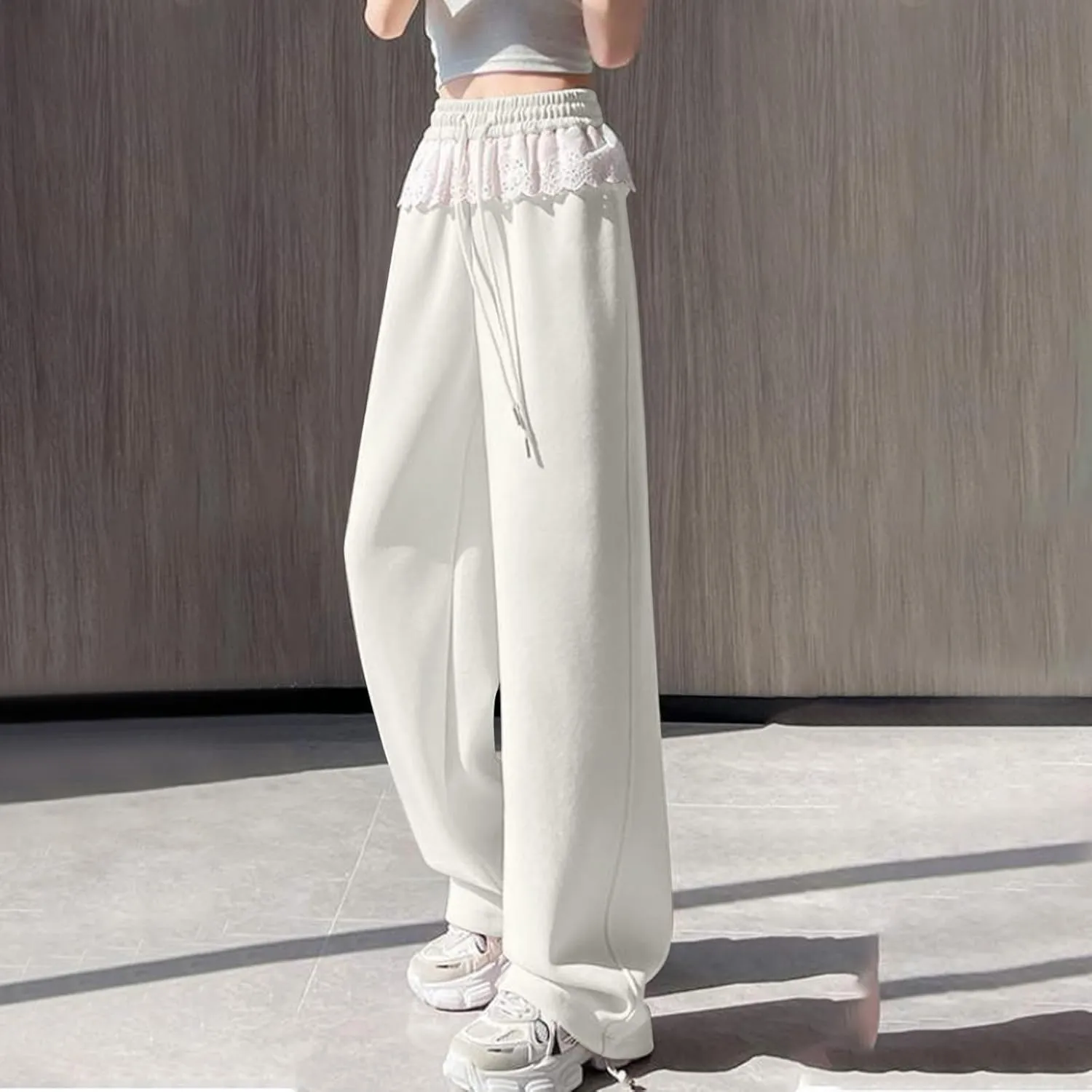 Wide Leg Sweatpants Womens Dressy Lace Patchwork Elastic Waisted Drawstring Hiking Pants Loose Lounge Athletic Pant