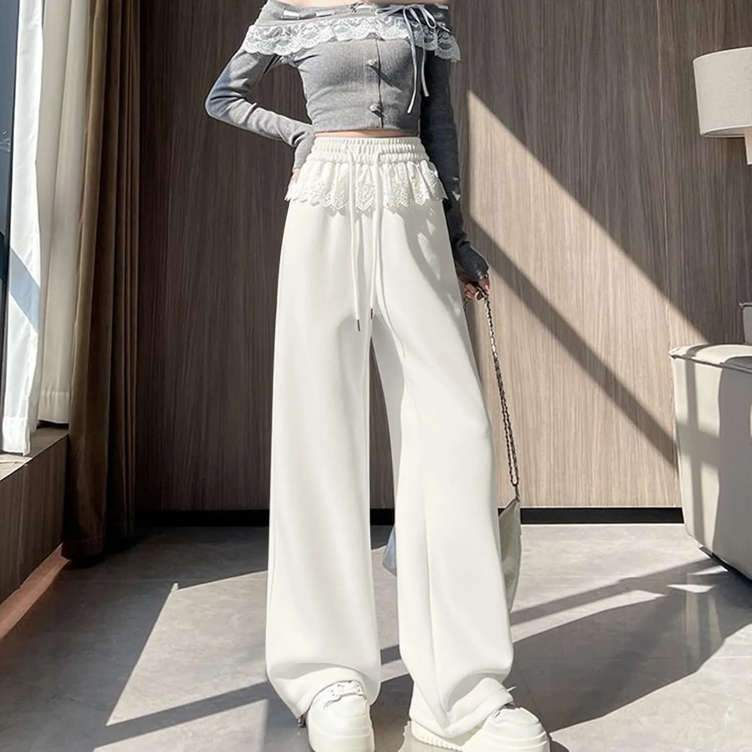 Wide Leg Sweatpants Womens Dressy Lace Patchwork Elastic Waisted Drawstring Hiking Pants Loose Lounge Athletic Pant