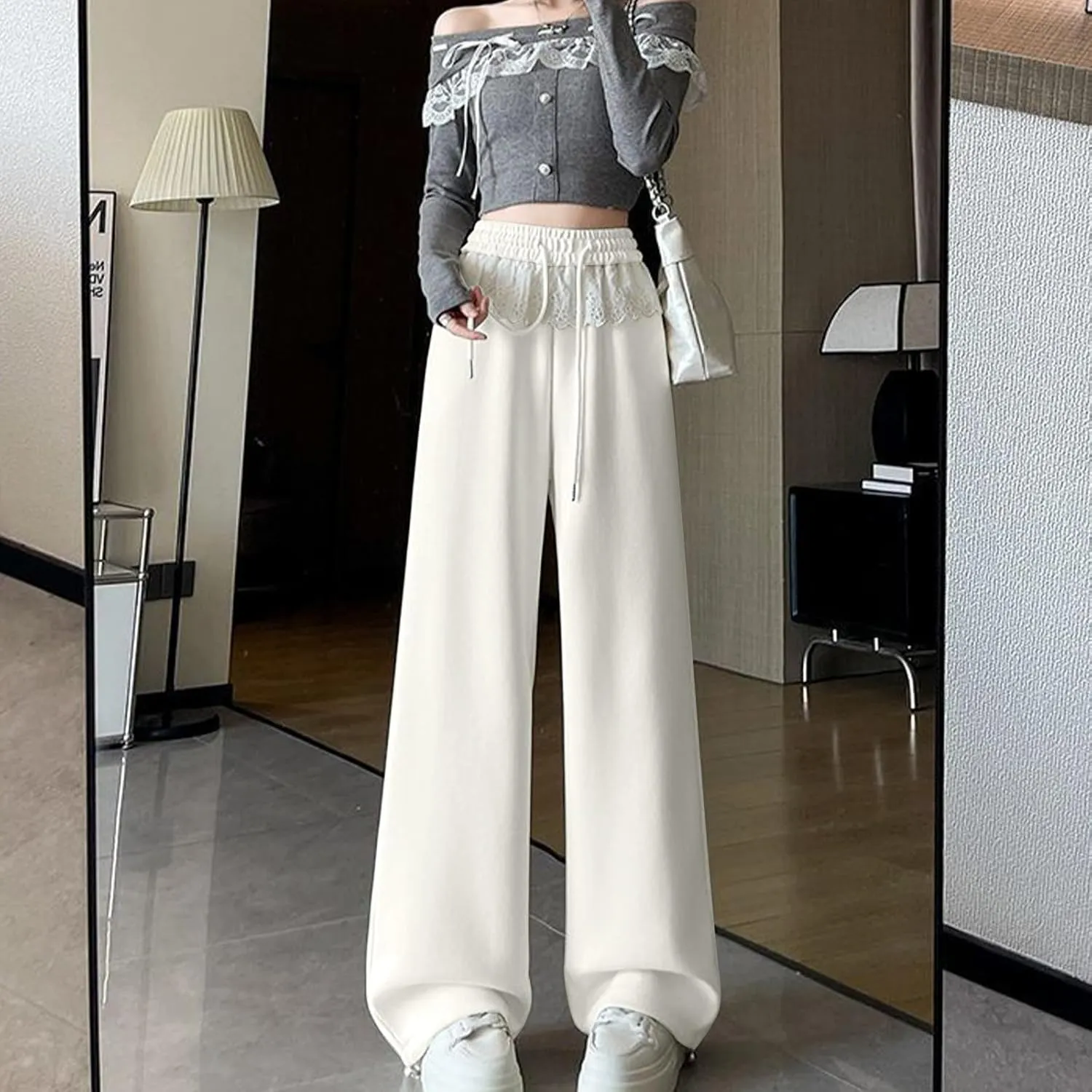 Wide Leg Sweatpants Womens Dressy Lace Patchwork Elastic Waisted Drawstring Hiking Pants Loose Lounge Athletic Pant
