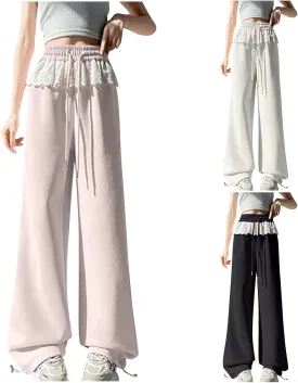 Wide Leg Sweatpants Womens Dressy Lace Patchwork Elastic Waisted Drawstring Hiking Pants Loose Lounge Athletic Pant