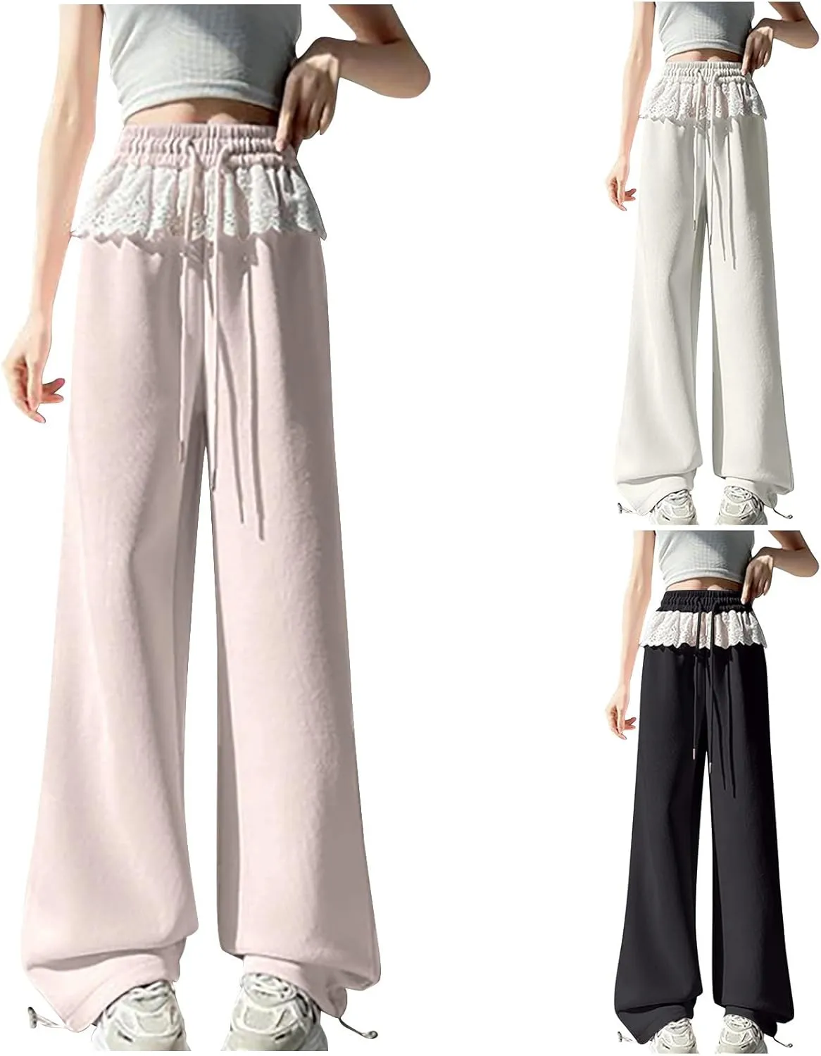 Wide Leg Sweatpants Womens Dressy Lace Patchwork Elastic Waisted Drawstring Hiking Pants Loose Lounge Athletic Pant