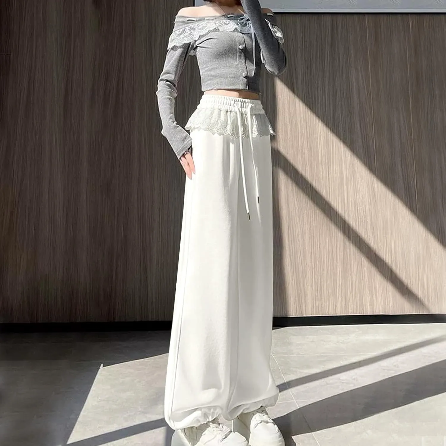 Wide Leg Sweatpants Womens Dressy Lace Patchwork Elastic Waisted Drawstring Hiking Pants Loose Lounge Athletic Pant