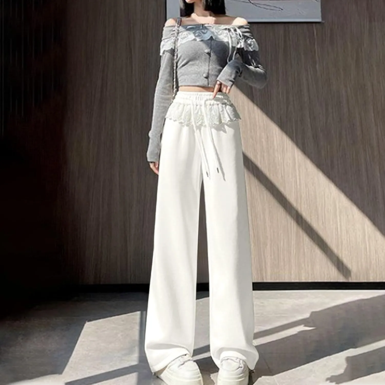 Wide Leg Sweatpants Womens Dressy Lace Patchwork Elastic Waisted Drawstring Hiking Pants Loose Lounge Athletic Pant