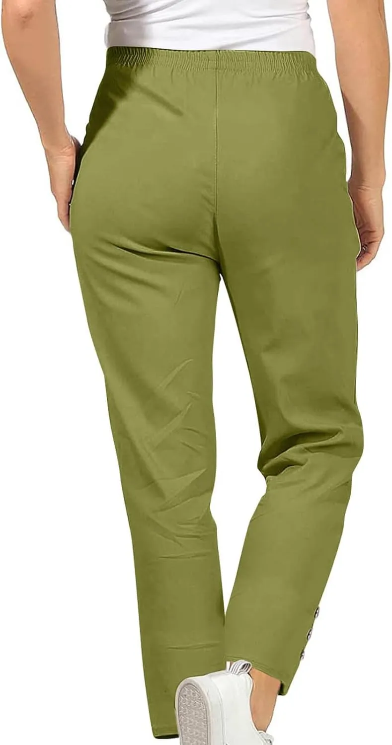 Women Cargo Tapered Pants Elastic High Waist Casual Outdoor Trousers Fashion Button Side Hem Straight Pant with Pockets