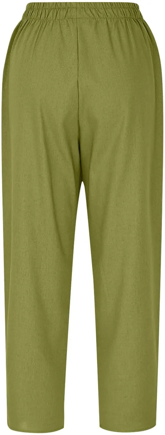 Women Cargo Tapered Pants Elastic High Waist Casual Outdoor Trousers Fashion Button Side Hem Straight Pant with Pockets