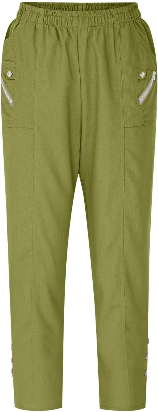 Women Cargo Tapered Pants Elastic High Waist Casual Outdoor Trousers Fashion Button Side Hem Straight Pant with Pockets