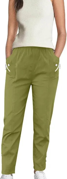 Women Cargo Tapered Pants Elastic High Waist Casual Outdoor Trousers Fashion Button Side Hem Straight Pant with Pockets