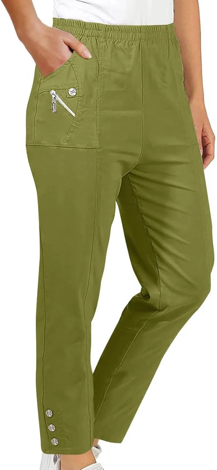 Women Cargo Tapered Pants Elastic High Waist Casual Outdoor Trousers Fashion Button Side Hem Straight Pant with Pockets