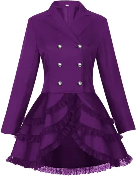 Women Double Breasted Victorian Steampunk Blazer Coat Tuxedo Gothic Tailcoat Jacket Lace Hem Wedding Uniform