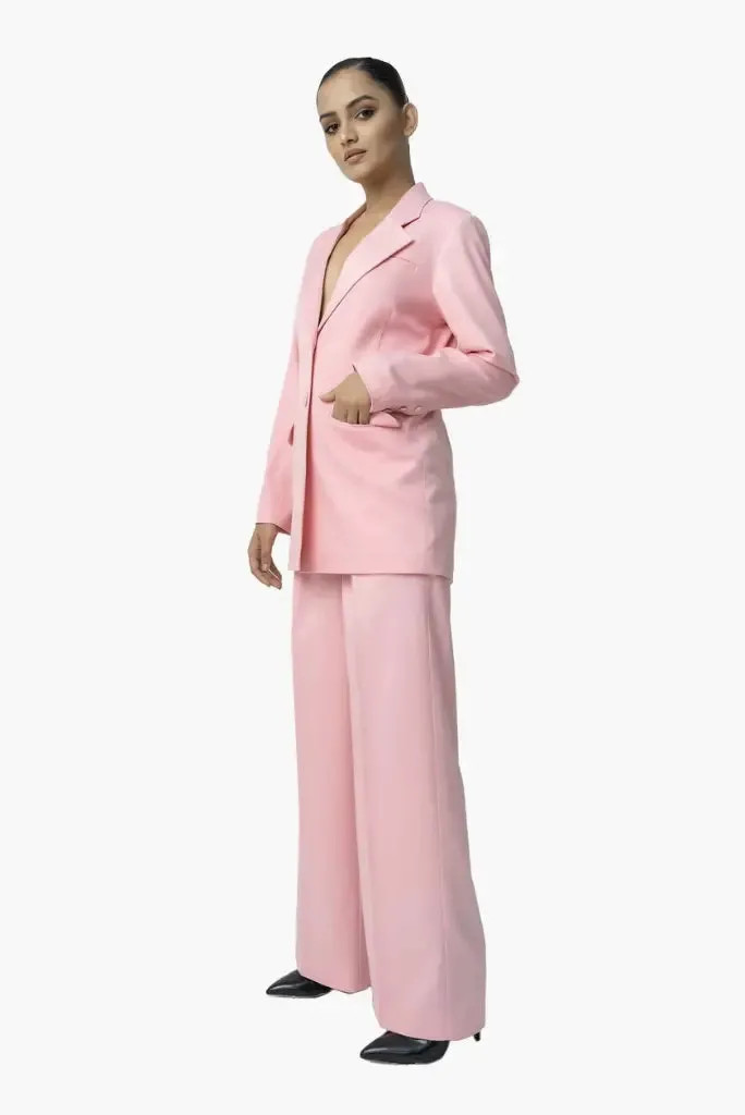 Women Misty Rose Pink Single Breasted 2 Piece Suit, Elegant Pant Suit Set for Business Meetings