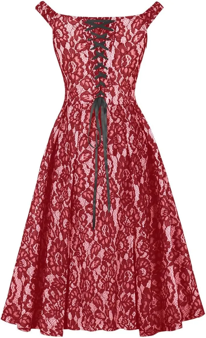 Women Vintage Lace Jacquard Dress Back Tie Sexy Sleeveless Elegant Evening Gown Club Party Dress