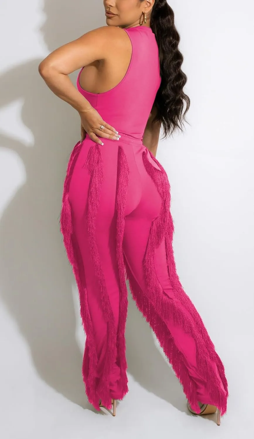 Womens 2 Piece Outfits Sleeveless Tank Top Long Fringe Tassel Pants Jumpsuit Set Sweatsuit Clubwear