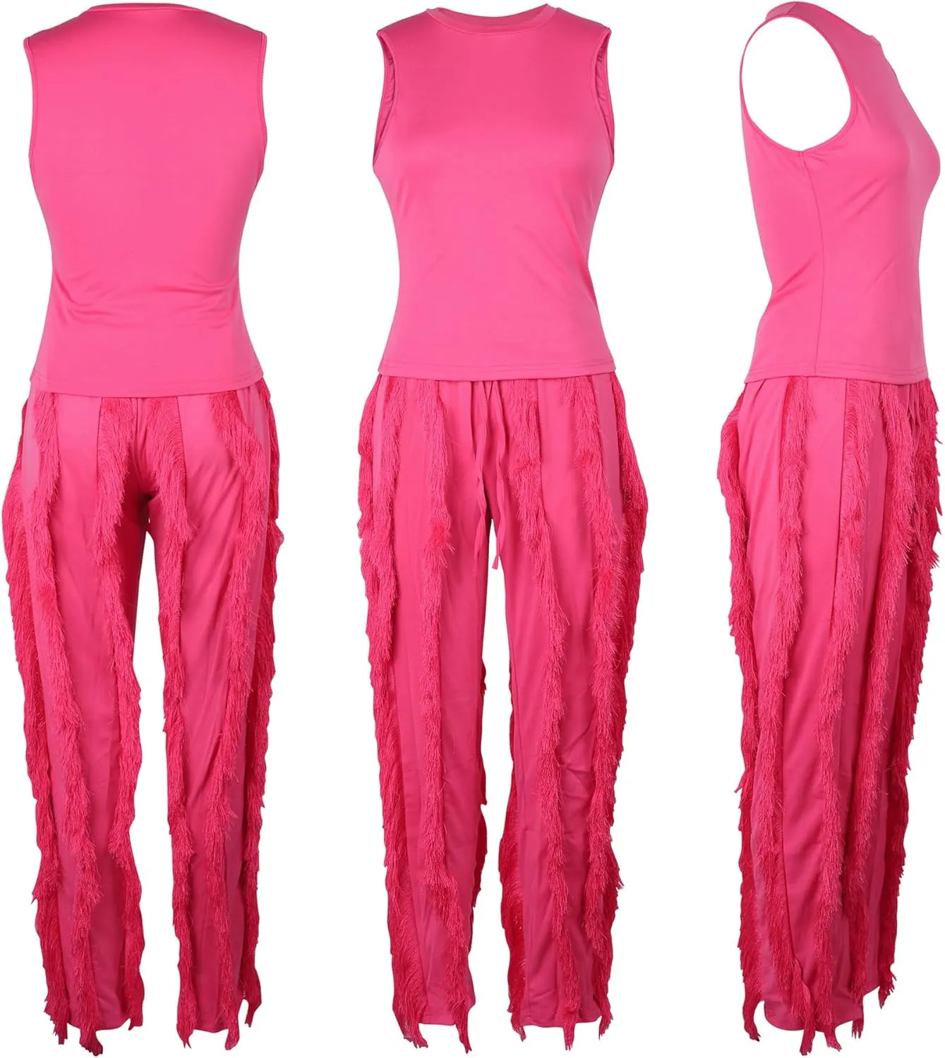 Womens 2 Piece Outfits Sleeveless Tank Top Long Fringe Tassel Pants Jumpsuit Set Sweatsuit Clubwear