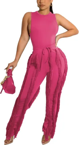 Womens 2 Piece Outfits Sleeveless Tank Top Long Fringe Tassel Pants Jumpsuit Set Sweatsuit Clubwear