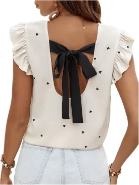 Women's Bow Blouses Heart Printed Blouse Ruffle Cap Sleeve Crew Neck Shirts Tie Backless Blouse