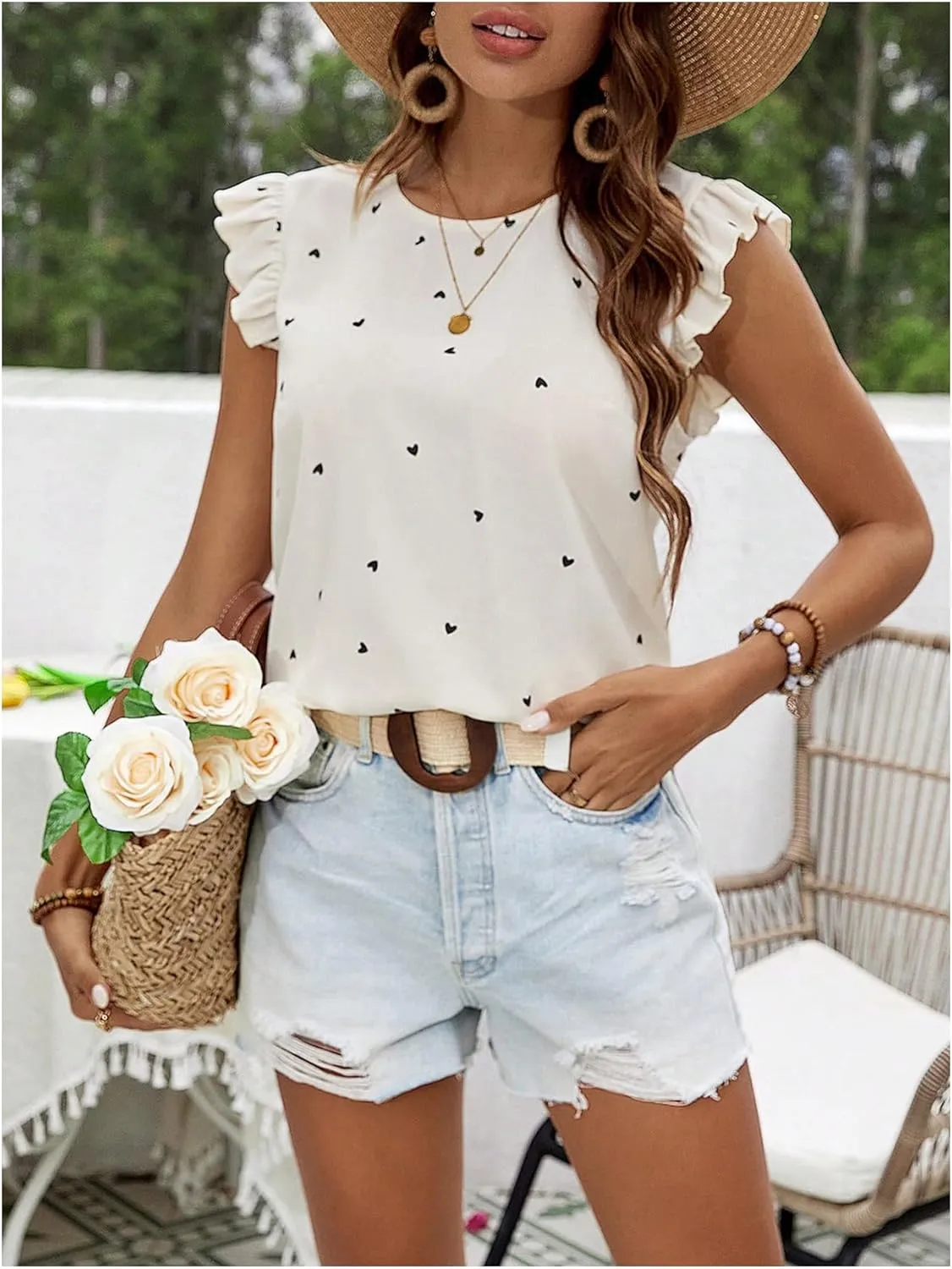 Women's Bow Blouses Heart Printed Blouse Ruffle Cap Sleeve Crew Neck Shirts Tie Backless Blouse