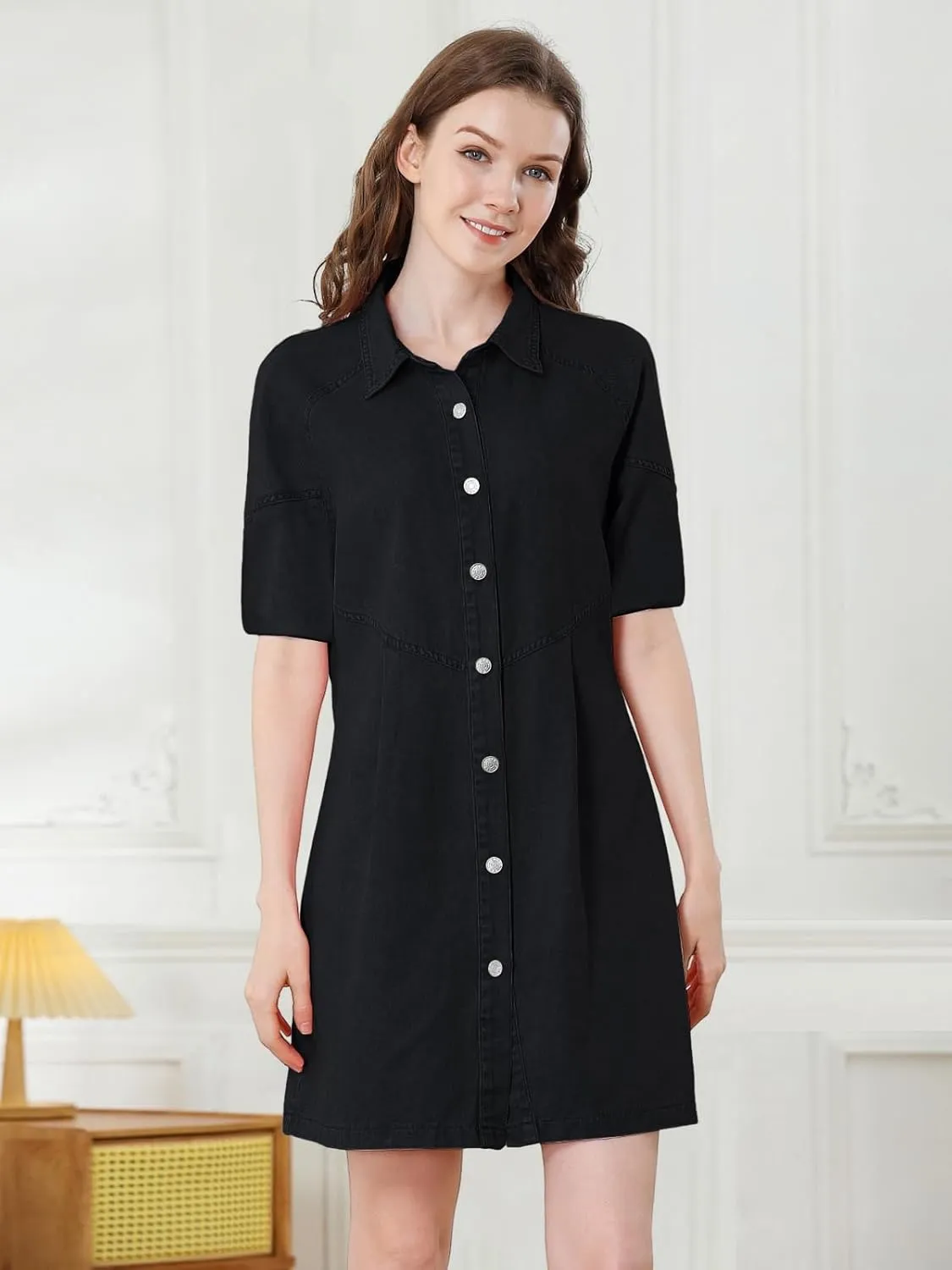 Women's Denim Shirt Dress 3/4 Long Sleeve Button Down Babydoll Jean Shirt Dresses
