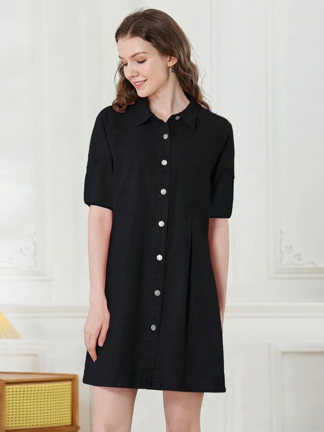 Women's Denim Shirt Dress 3/4 Long Sleeve Button Down Babydoll Jean Shirt Dresses