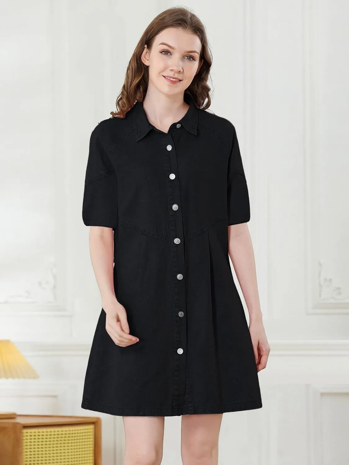 Women's Denim Shirt Dress 3/4 Long Sleeve Button Down Babydoll Jean Shirt Dresses