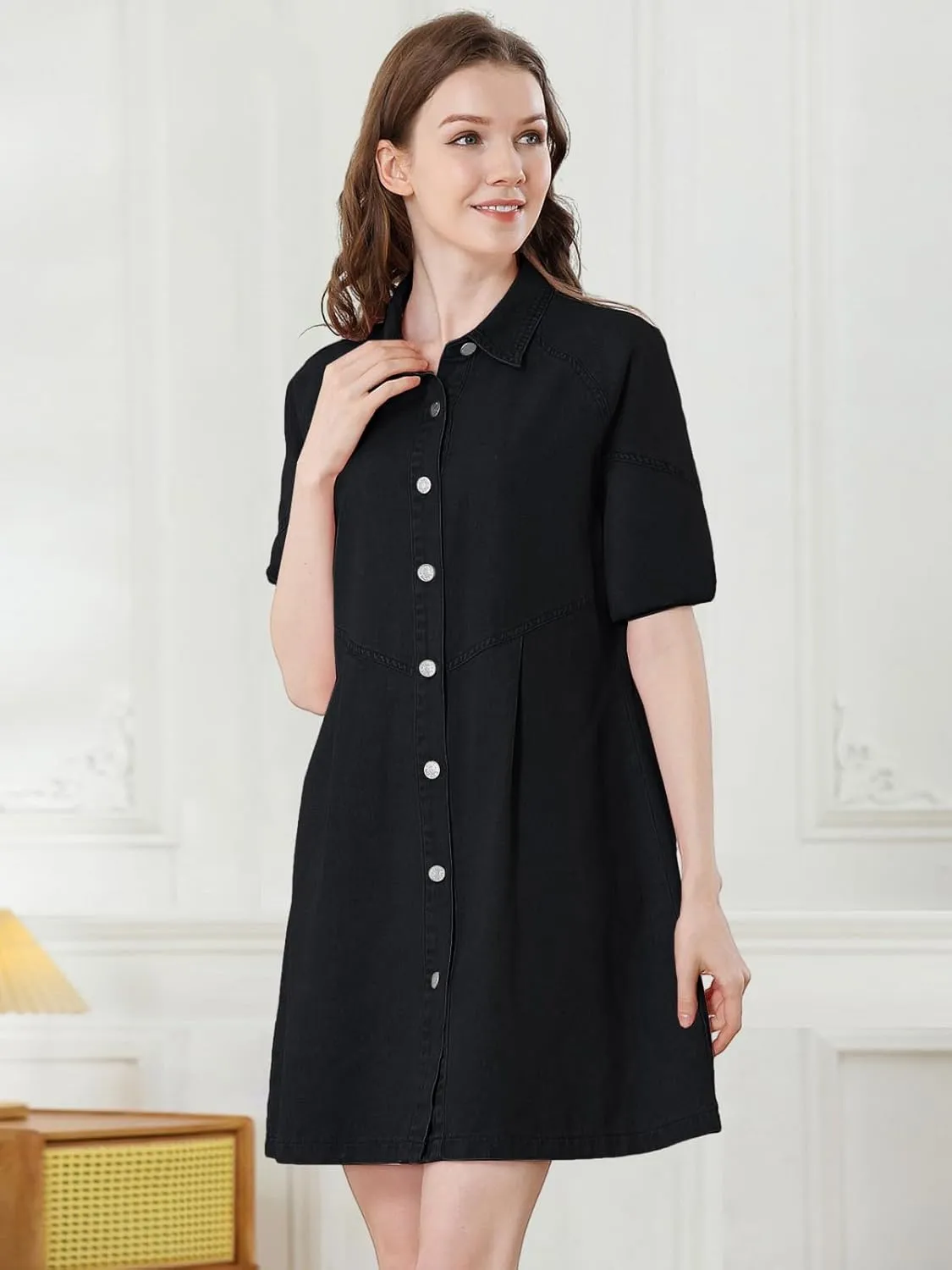Women's Denim Shirt Dress 3/4 Long Sleeve Button Down Babydoll Jean Shirt Dresses