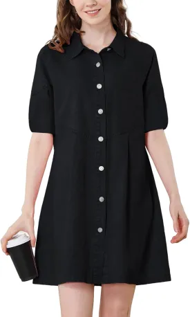 Women's Denim Shirt Dress 3/4 Long Sleeve Button Down Babydoll Jean Shirt Dresses